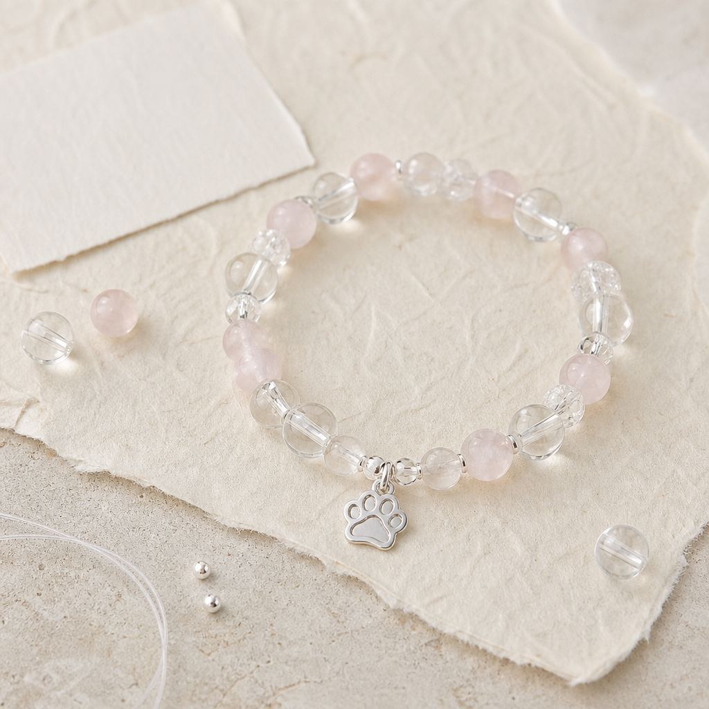 Finished pink and clear crystal paw bracelet